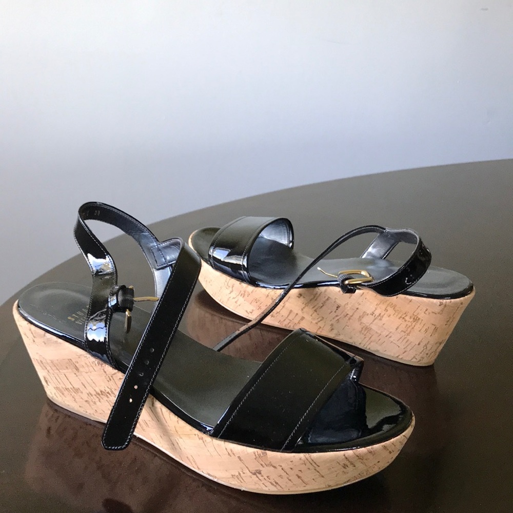 Glossy Blk Stuart Weitzman 9.5m Open Toe Platforms - image 6